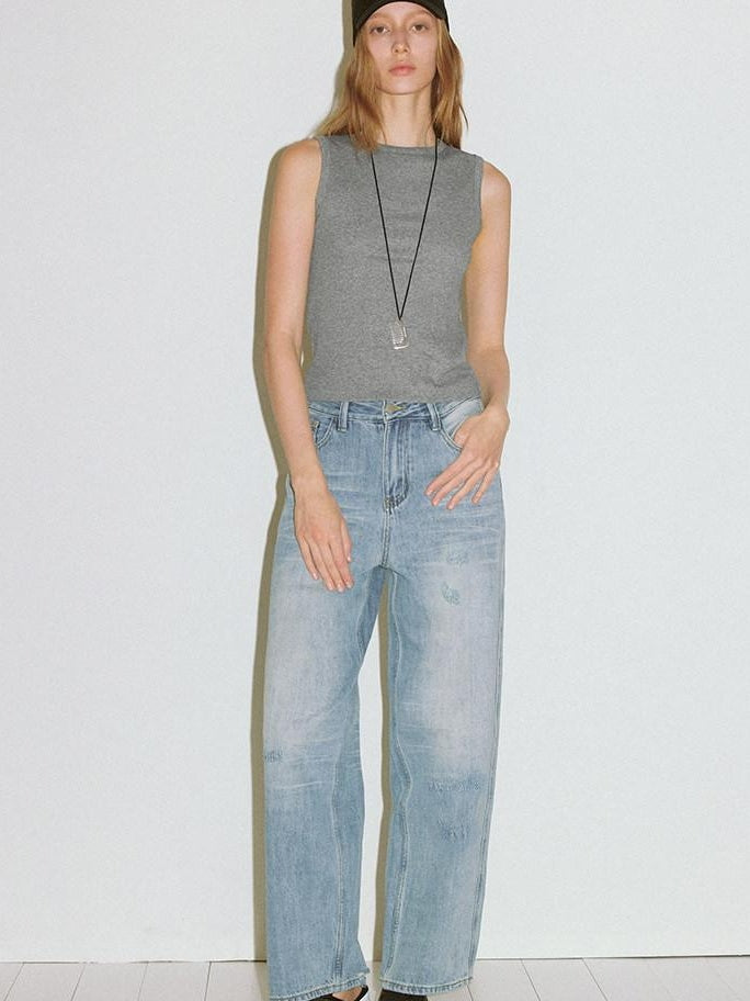 fano High Waist Cotton Floral Blue Zip Fly Loose Fit Women Straight Leg Jeans