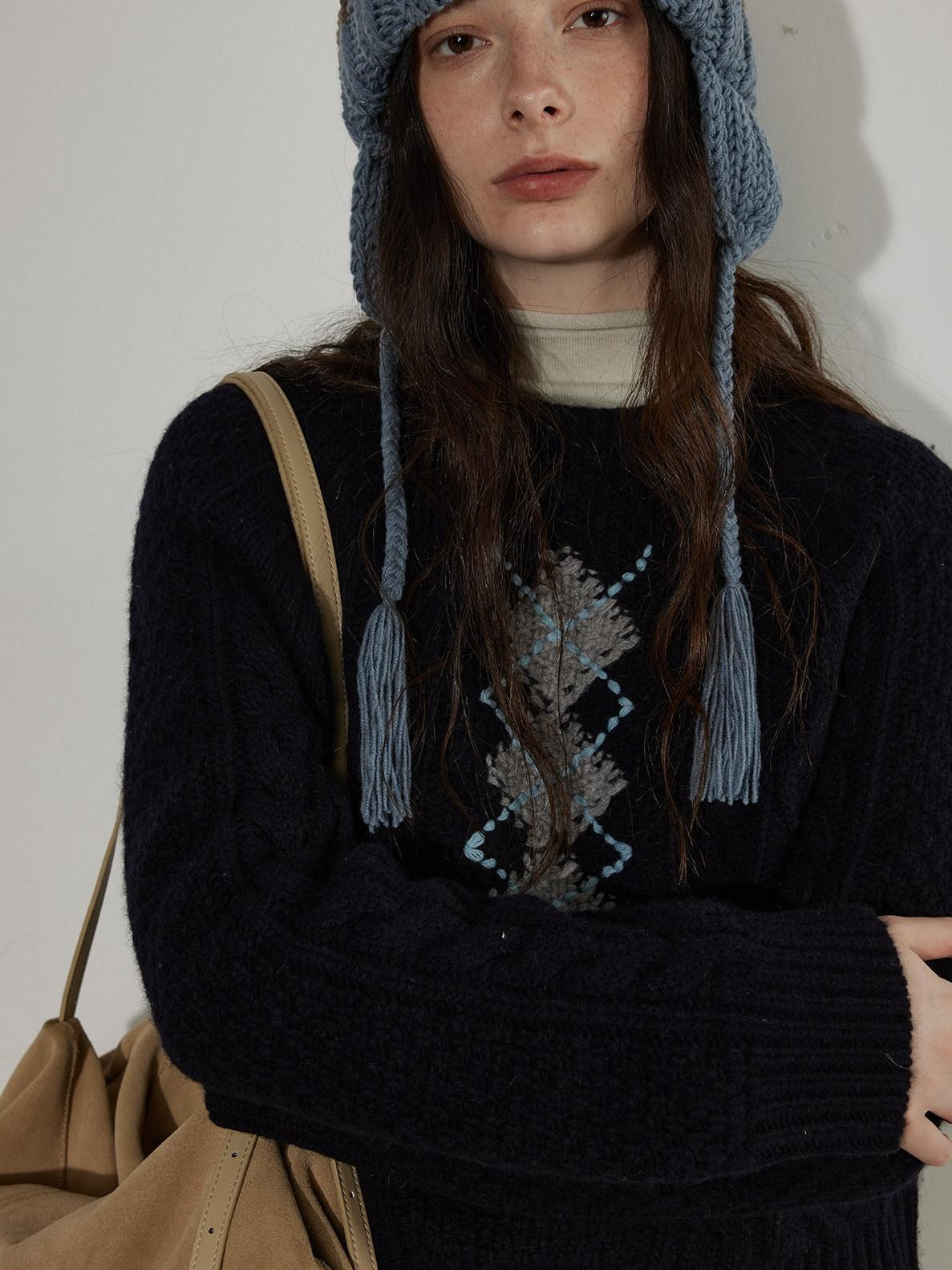 Lofi choose Soft Acrylic Crewneck Loose Fit Diamond Pattern Commuter Knitwear Sweaters