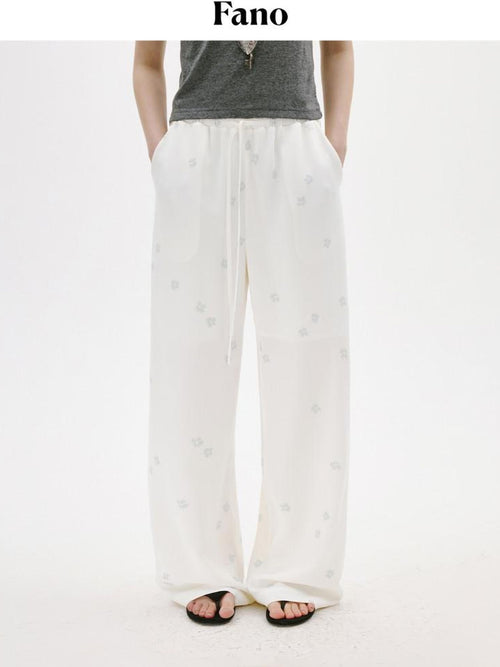 fano Elastic Waist Pocketed Wide Leg Korean Commuter Loose Stretch White Sweatpants