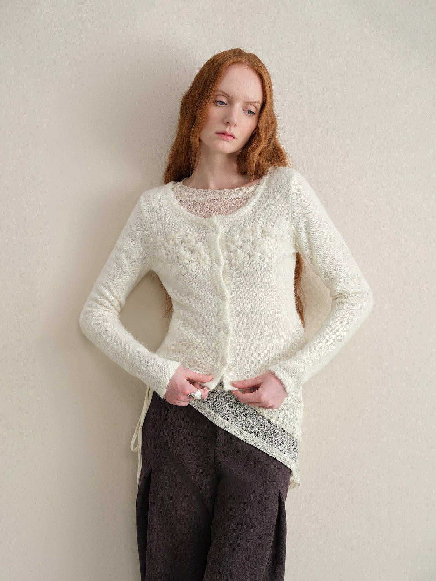 someonesometimes Hand Crochet Wool Floral Scallop Edge Casual Crewneck Button Women Cardigans