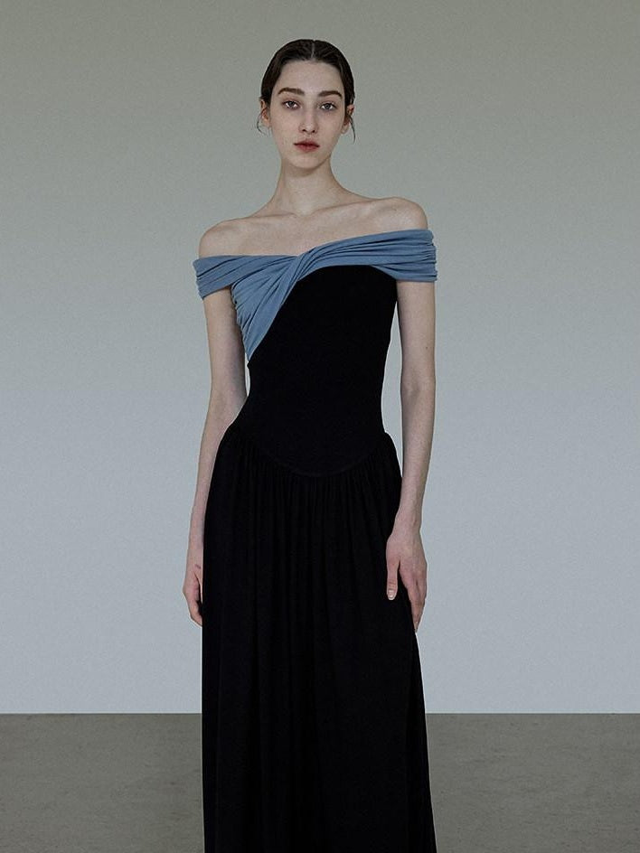 unspoken High Waist Colorblock V-neck A Line Viscose Knit Casual Women Maxi Dresses