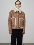 unspoken Faux Fur Lined Oversized Zip Pocket Barn Style Women Khaki Leather Jackets