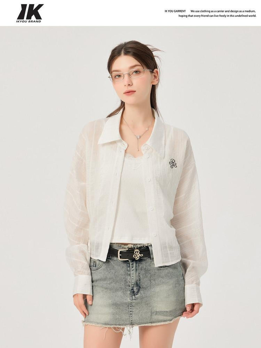 ikyou Uv Protection Embroidered Slim Lyocell Collared Long Sleeve Office Women Shirts