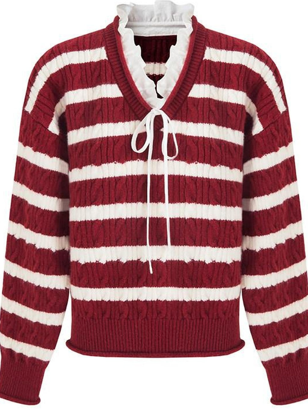 fano Ruffle Detail Loose Fit Commuter V-neck Long Sleeve Striped Women Sweaters
