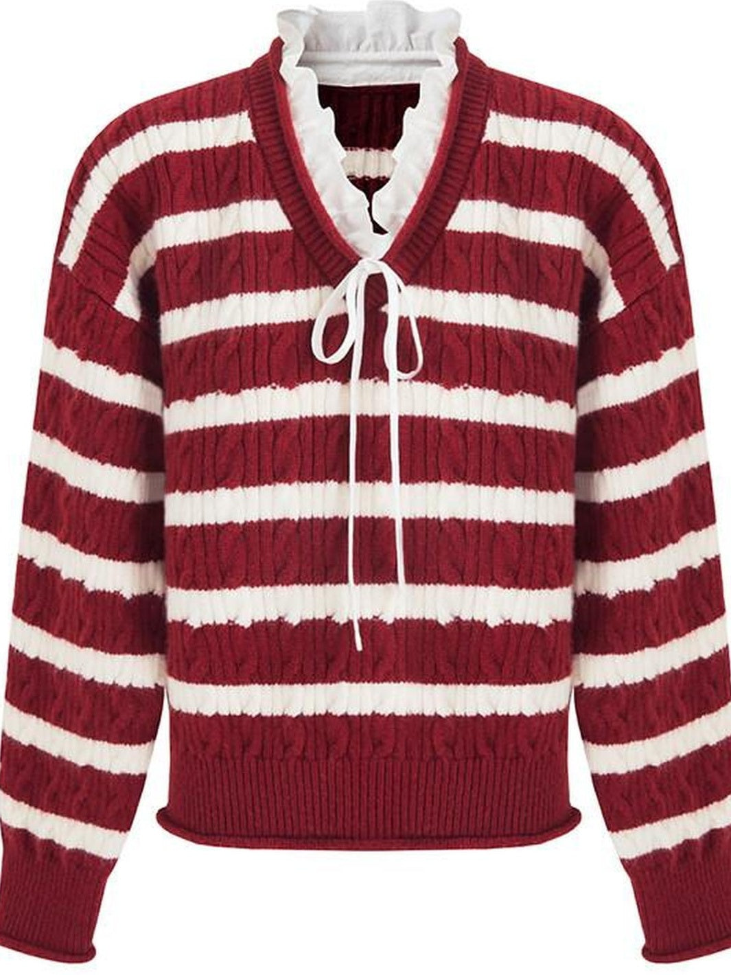 fano Ruffle Detail Loose Fit Commuter V-neck Long Sleeve Striped Women Sweaters