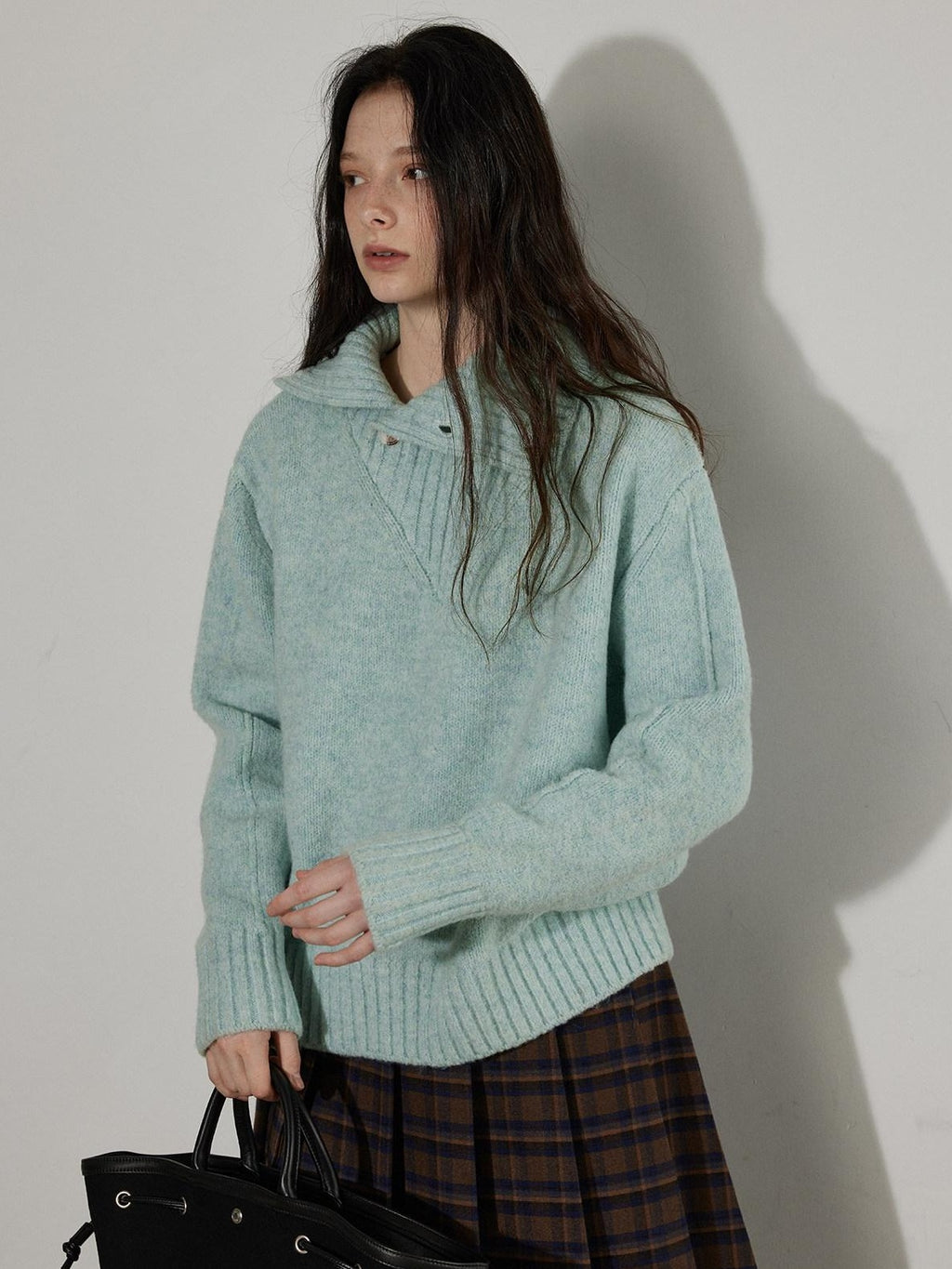 Lofi choose Cozy High Neck Loose Fit Commuter Knit Pullover Blue Polyester Sweaters