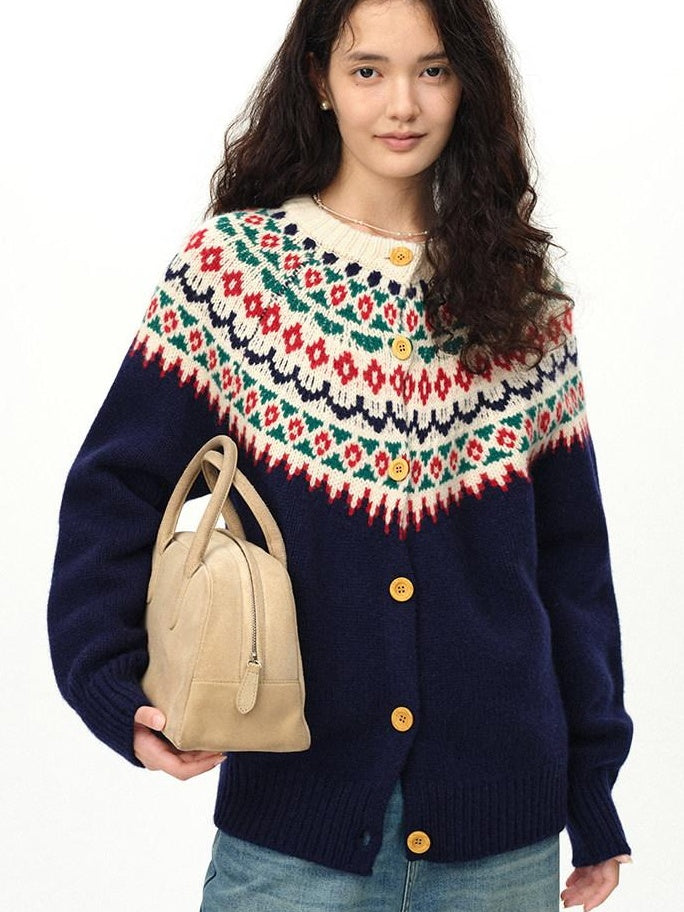 fano 100 Percent Wool Loose Fit Button Front Commuter Crew Neck Knit Cardigans