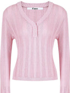 fano Soft Bubblegum Pink Slim Korean V-neck Long Sleeve Women Acrylic Sweaters