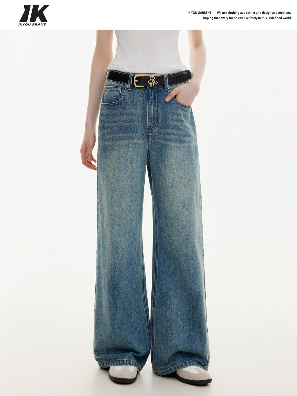 ikyou Washed Distressed Loose Casual Natural Waist Denim Blue Everyday Wide Leg Jeans