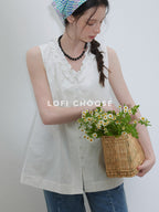 Lofi choose Chic Lace Collar Sleeveless Loose Fit Office Workwear Women White Blouses