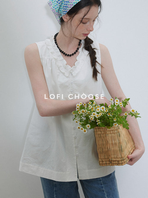 Lofi choose Chic Lace Collar Sleeveless Loose Fit Office Workwear Women White Blouses