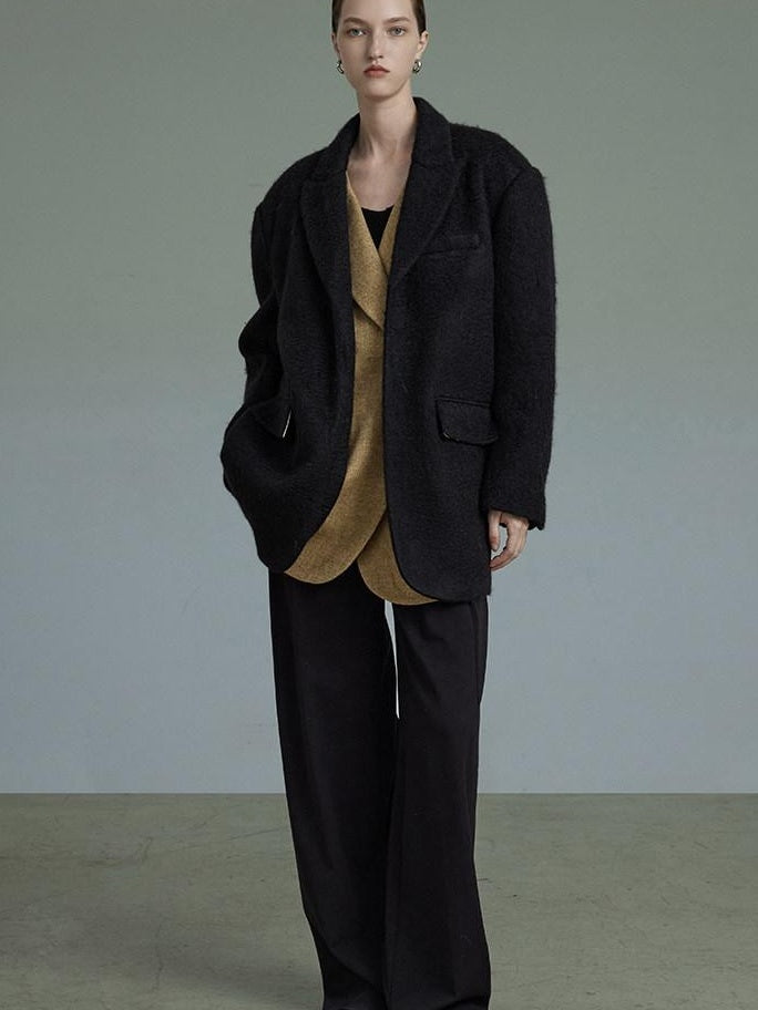 unspoken Original Thick Loose Fit Single Breasted Commuter Women Mustard Black Blazers