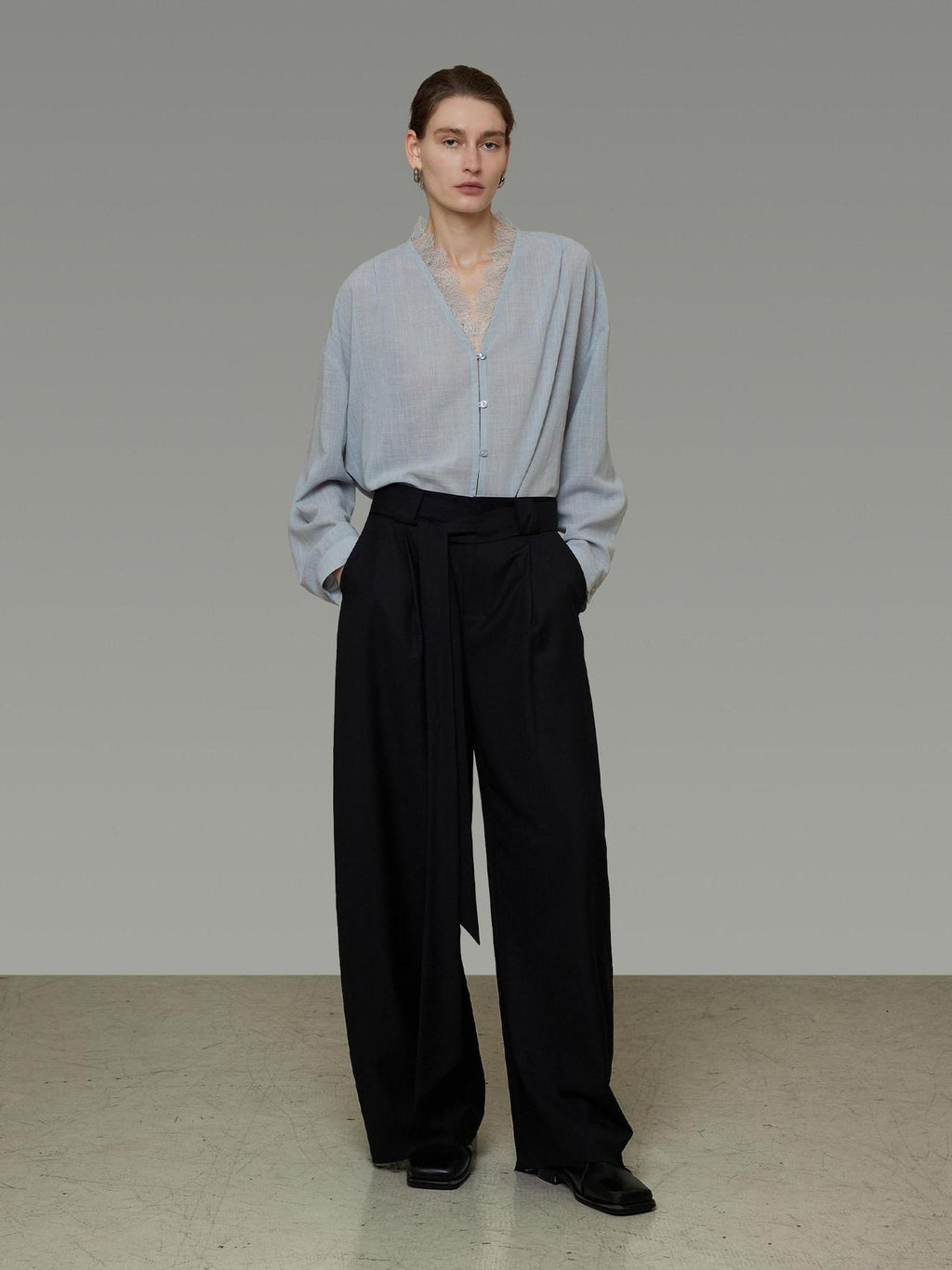 unspoken Breathable Lace V-neck Loose Fit Office Women Button Long Sleeve Blouses