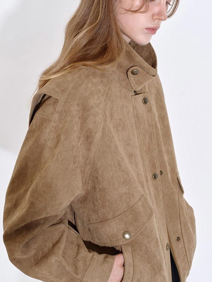 fano Pocketed Khaki Loose Fit Commuter Stand Collar Youth Polyester Bomber Jackets