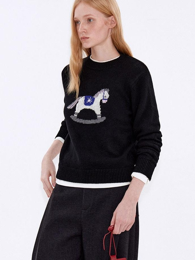fano Cozy Acrylic Wool Blend Loose Pullover Crewneck Cute Animal Black Sweaters