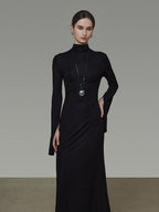 unspoken Soft Breathable Viscose Knit High Waist Aline Slim Black Maxi Dresses