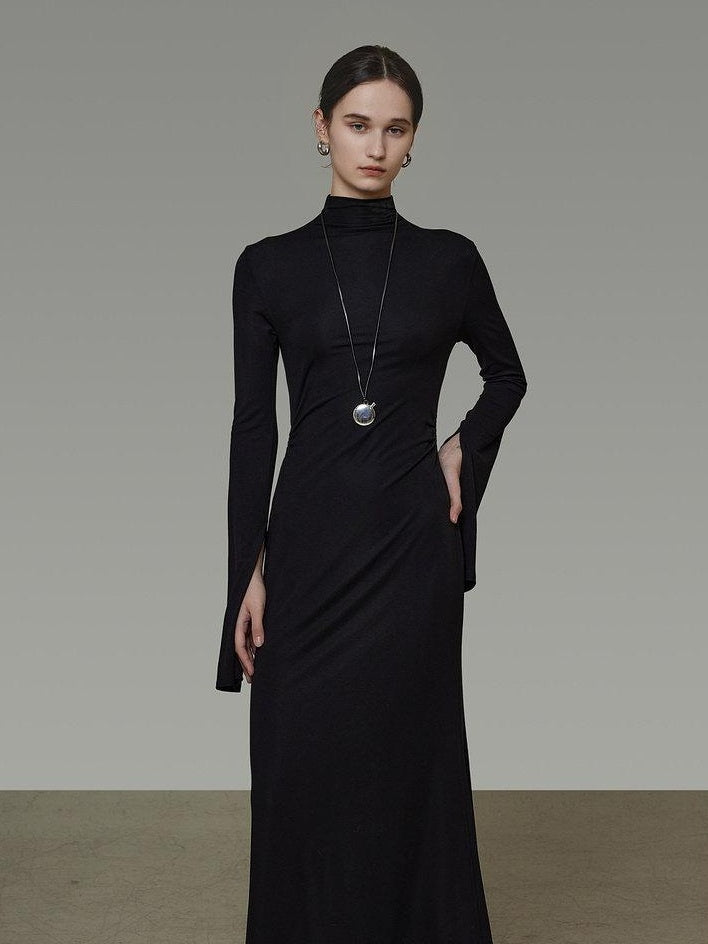 unspoken Soft Breathable Viscose Knit High Waist Aline Slim Black Maxi Dresses