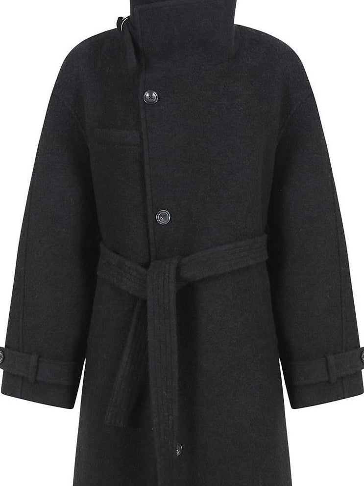 fano Premium Wool Blend Long Notch Collar Relaxed Black Korean Women Wool Coats
