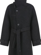 fano Premium Wool Blend Long Notch Collar Relaxed Black Korean Women Wool Coats