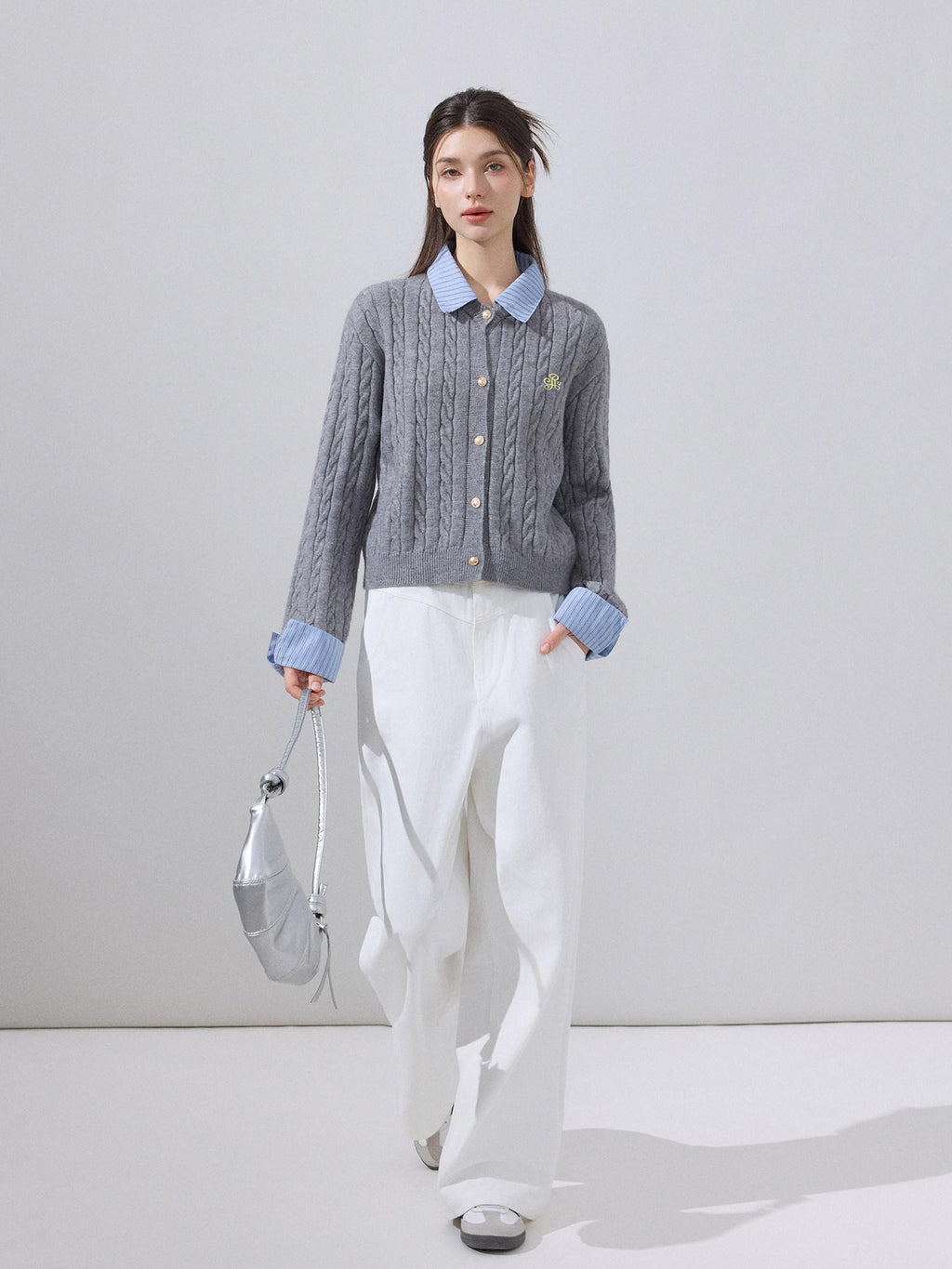 ikyou Soft Preppy Slim Faux Layer Women Casual Long Sleeve Crewneck Grey Cardigans
