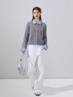 ikyou Soft Preppy Slim Faux Layer Women Casual Long Sleeve Crewneck Grey Cardigans