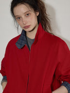 Lofi choose Pure Cotton Office Loose Raglan Zipper Plaid Women Khaki Cropped Jackets
