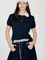 fano Patchwork Slim Korean Henley Neck Cross Navy Short Sleeve T-Shirts