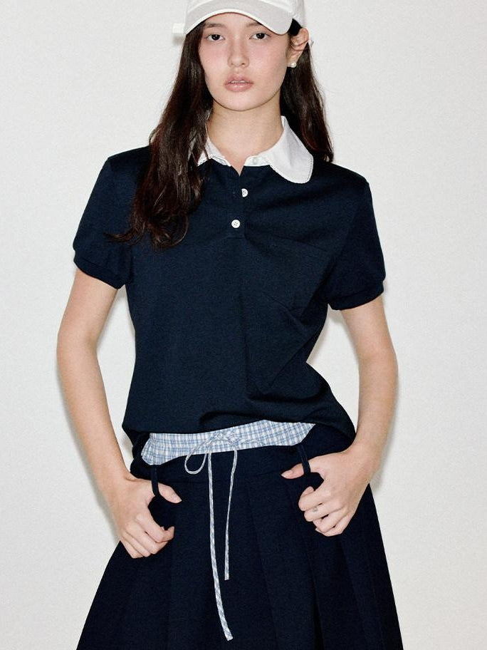 fano Patchwork Slim Korean Henley Neck Cross Navy Short Sleeve T-Shirts