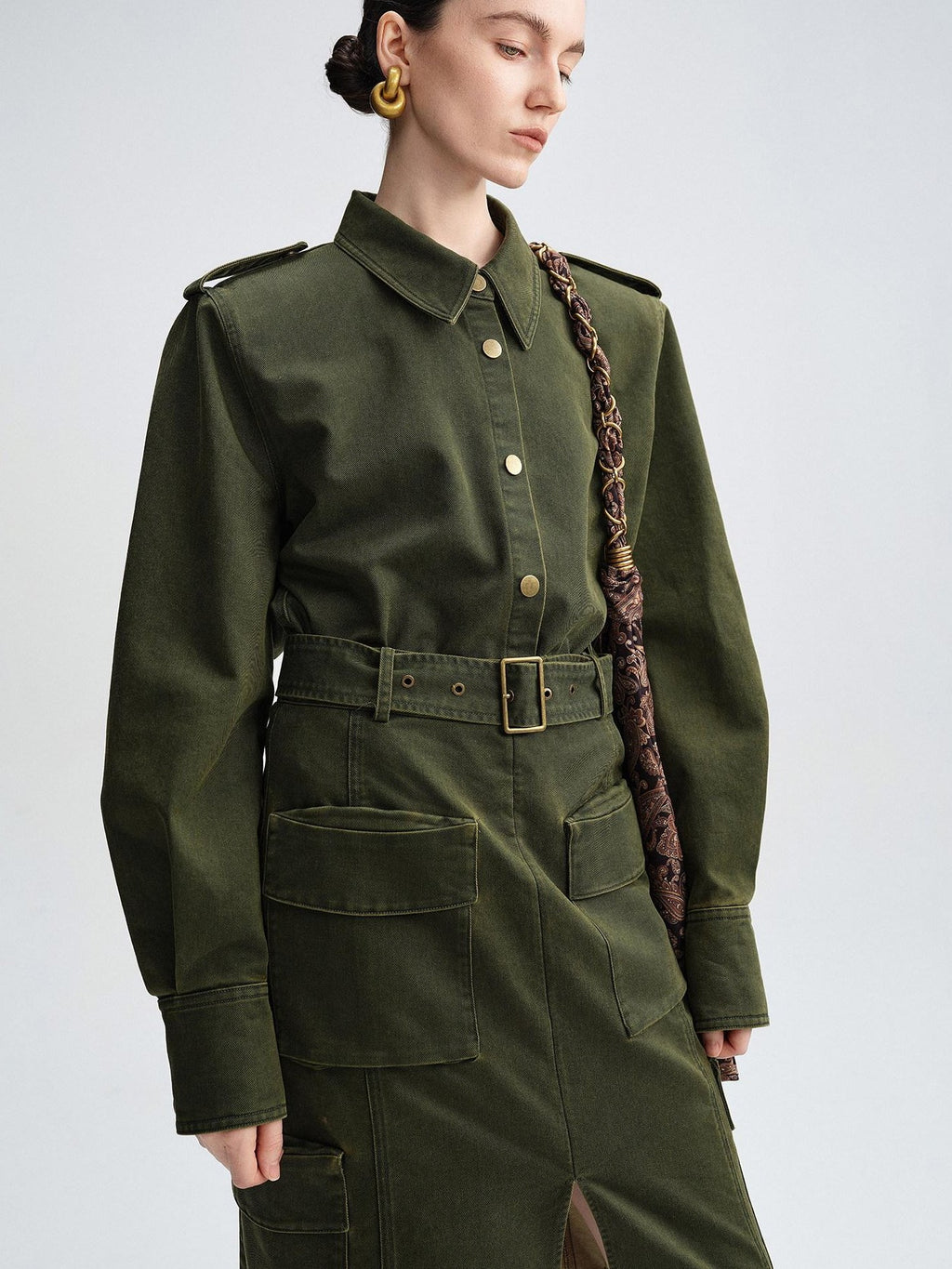 audreyyang Thick Cotton Cinched Waist Vintage Long Sleeve Army Green Top & Skirt Sets
