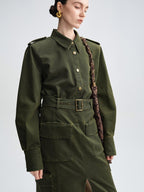 audreyyang Thick Cotton Cinched Waist Vintage Long Sleeve Army Green Top & Skirt Sets