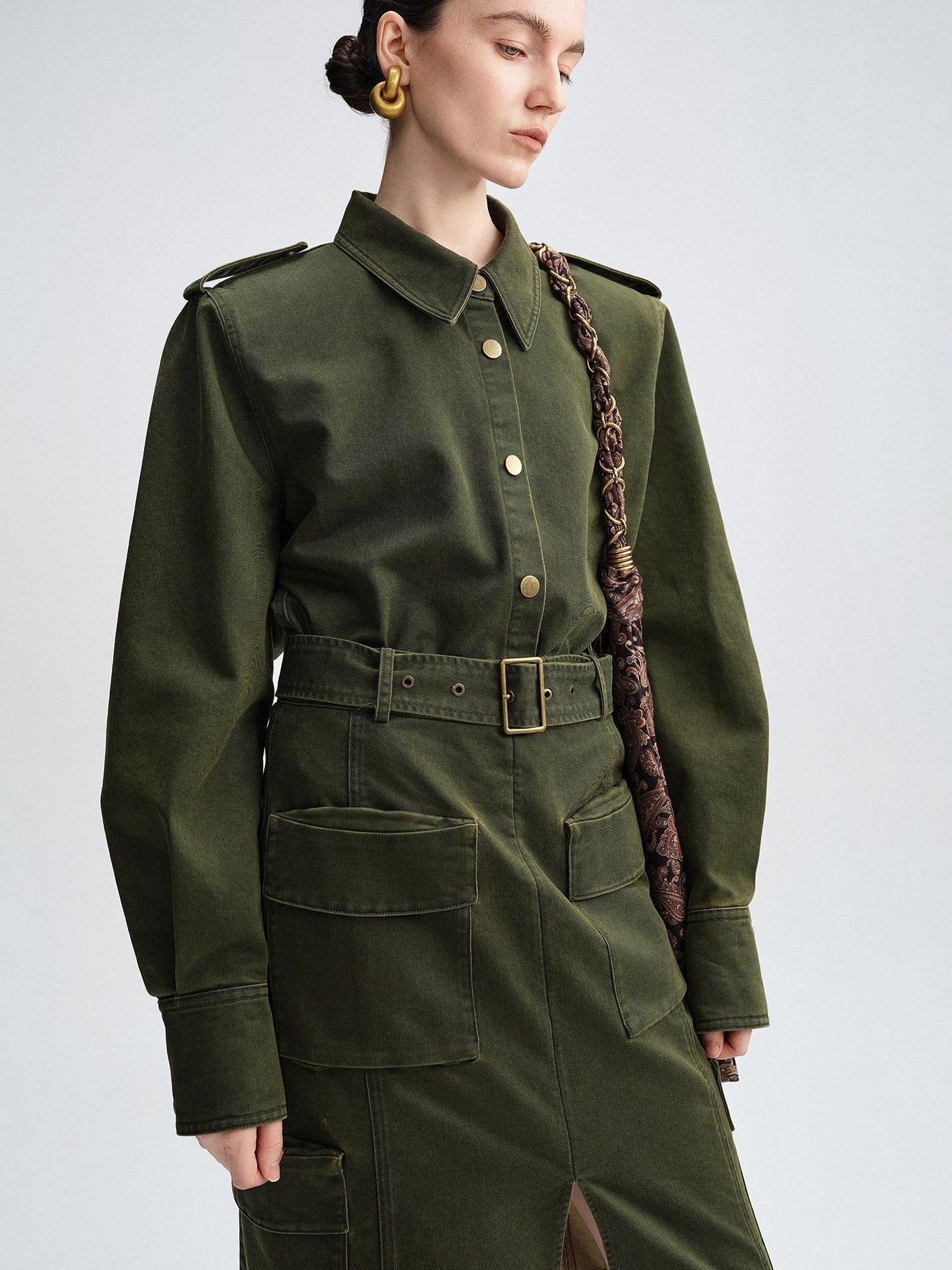audreyyang Thick Cotton Cinched Waist Vintage Long Sleeve Army Green Top & Skirt Sets
