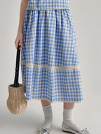 fano 100 Percent Cotton Round Neck Blue White Gingham Top & Skirt Sets