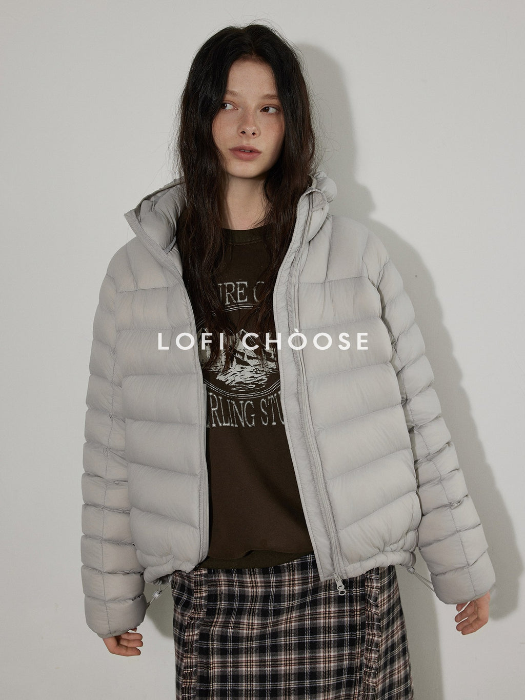 Lofi choose Warm 90% White Duck Down Hooded Commuter Thick Gray Zipper Down Jackets