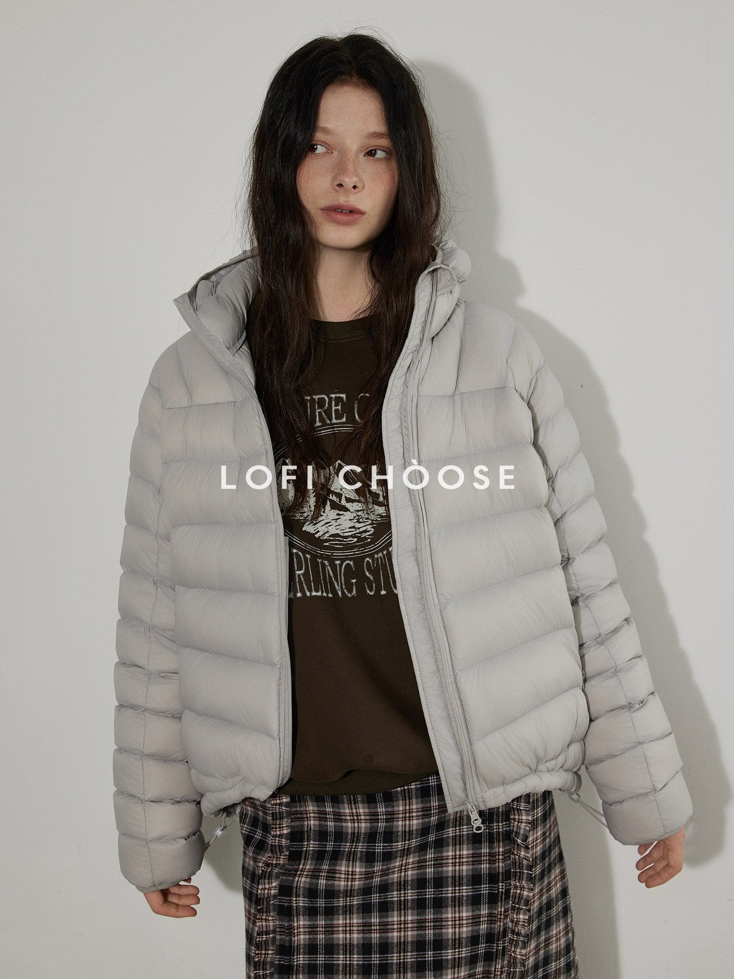 Lofi choose Warm 90% White Duck Down Hooded Commuter Thick Gray Zipper Down Jackets