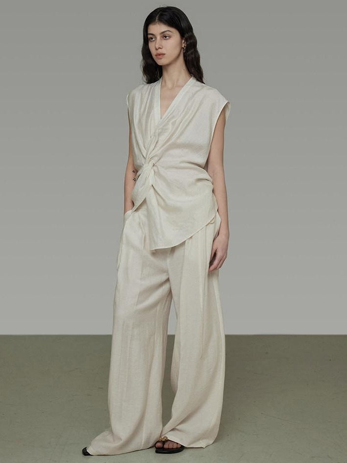 unspoken Breathable Linen Blend Sleeveless V-neck Tie Front Loose Fit Work White Blouses