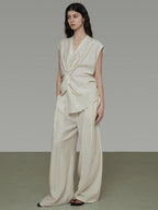 unspoken Breathable Linen Blend Sleeveless V-neck Tie Front Loose Fit Work White Blouses