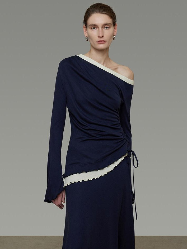 unspoken Navy Tencel Slim Fit Knit Round Neck High Waist Casual Women Top & Skirt Sets