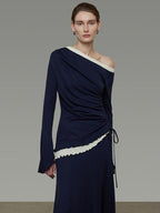 unspoken Navy Tencel Slim Fit Knit Round Neck High Waist Casual Women Top & Skirt Sets