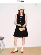 fano Viscose Linen Sleeveless Natural Waist Bubble A Line Casual Black Midi Dresses