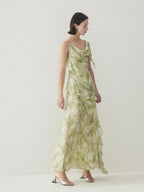 someone sometimes Viscose Asymmetric Ruffle Hem Cinched Waist Aline Lake Green Maxi Dresses