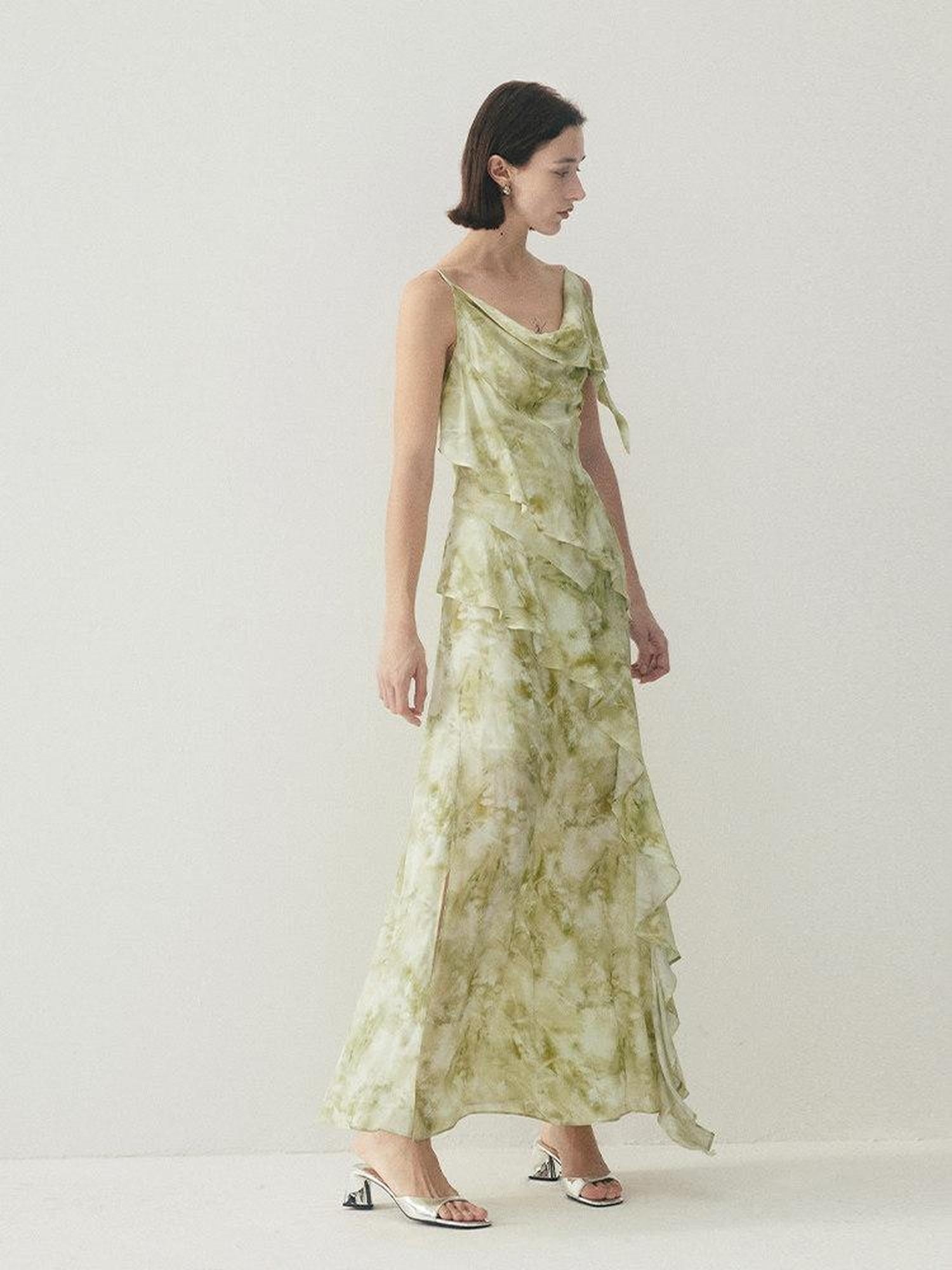 someone sometimes Viscose Asymmetric Ruffle Hem Cinched Waist Aline Lake Green Maxi Dresses