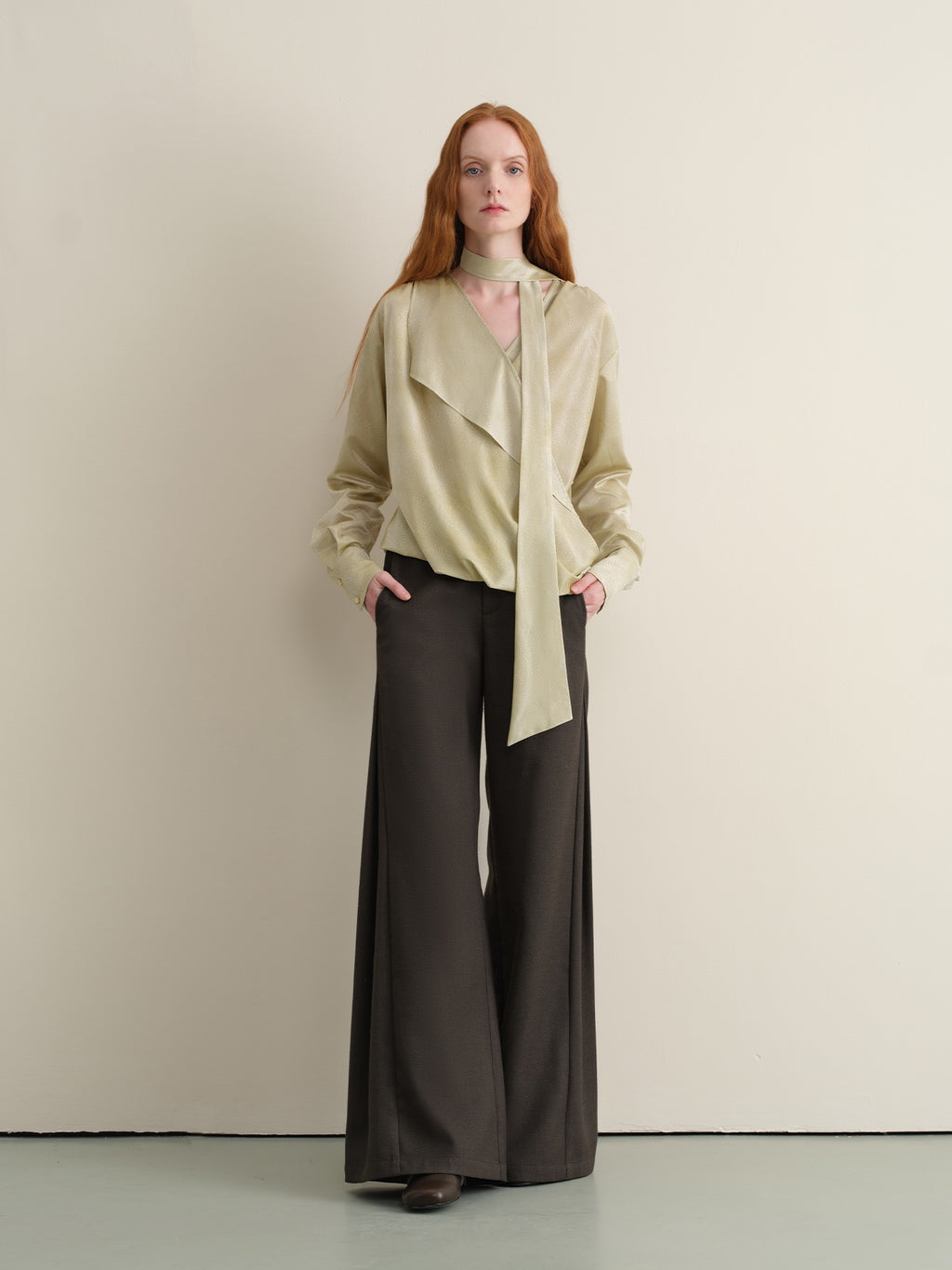 someonesometimes Breathable Casual Loose V-neck Tie Front Bell Sleeve Floral Cantaloupe Blouses