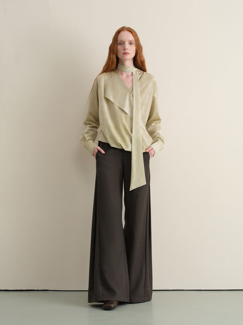 someonesometimes Breathable Casual Loose V-neck Tie Front Bell Sleeve Floral Cantaloupe Blouses