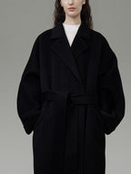 unspoken 100 Percent Wool Minimal Straight Long Tie Office Women Black Wool Coats