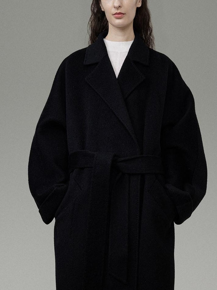 unspoken 100 Percent Wool Minimal Straight Long Tie Office Women Black Wool Coats