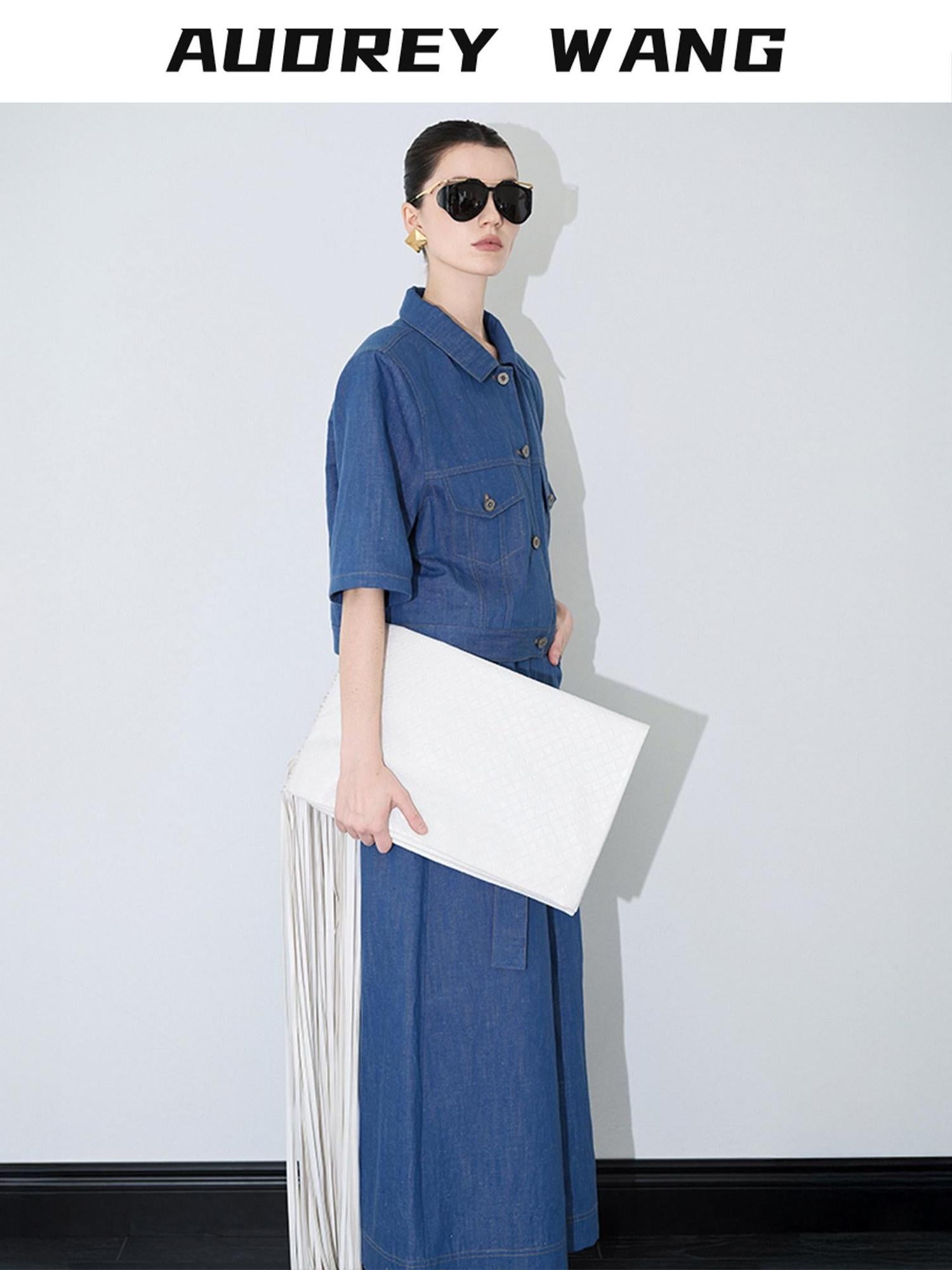 audreyyang Linen Blend Collared Short Sleeve Button Casual Denim Blue Top & Skirt Sets