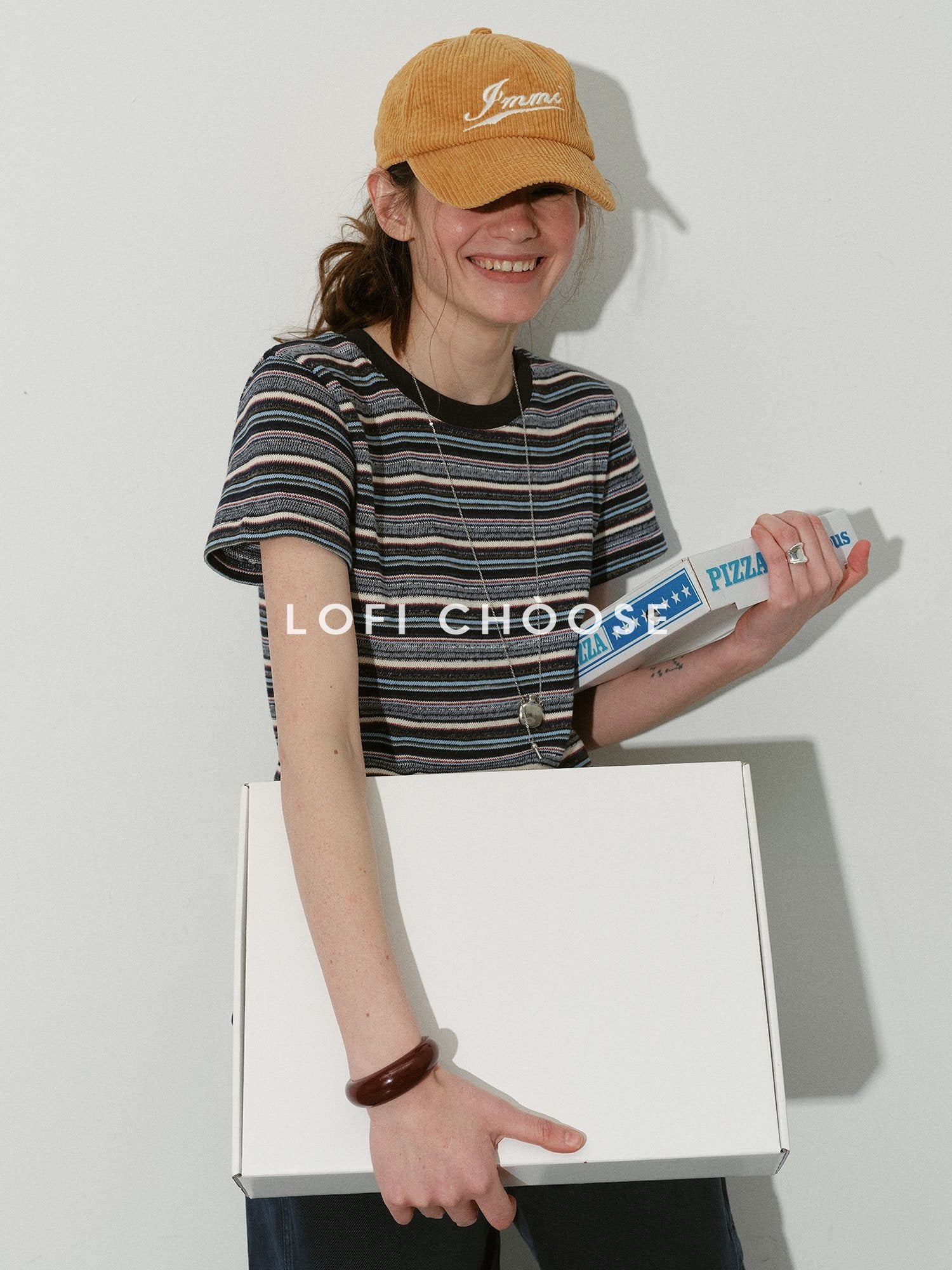 Lofi choose Vintage Colorblock Loose Fit Blue Striped Crew Neck Women Short Sleeve T-Shirts