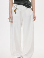 fano White Casual Loose Wide Leg Natural Waist Zipper Women Straight Pants