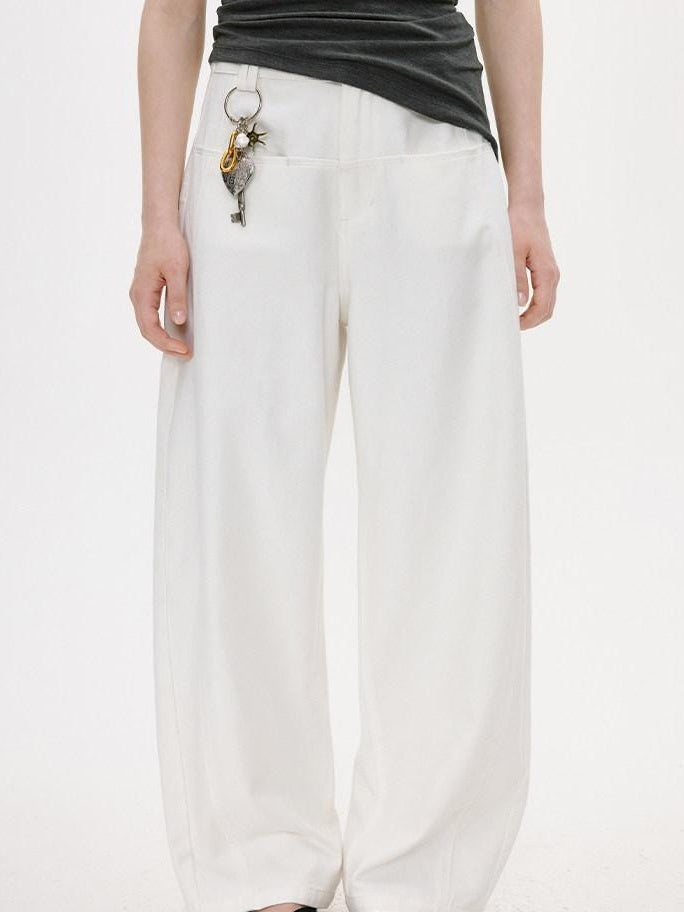 fano White Casual Loose Wide Leg Natural Waist Zipper Women Straight Pants