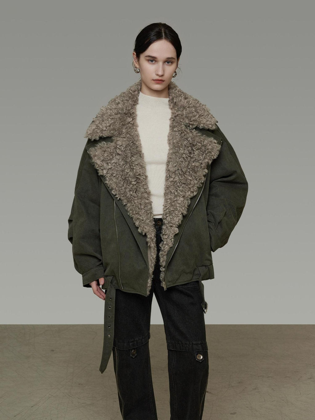 unspoken Thick Cotton Loose Fit Patchwork Commuter Zipper Dark Green Puffer Jackets